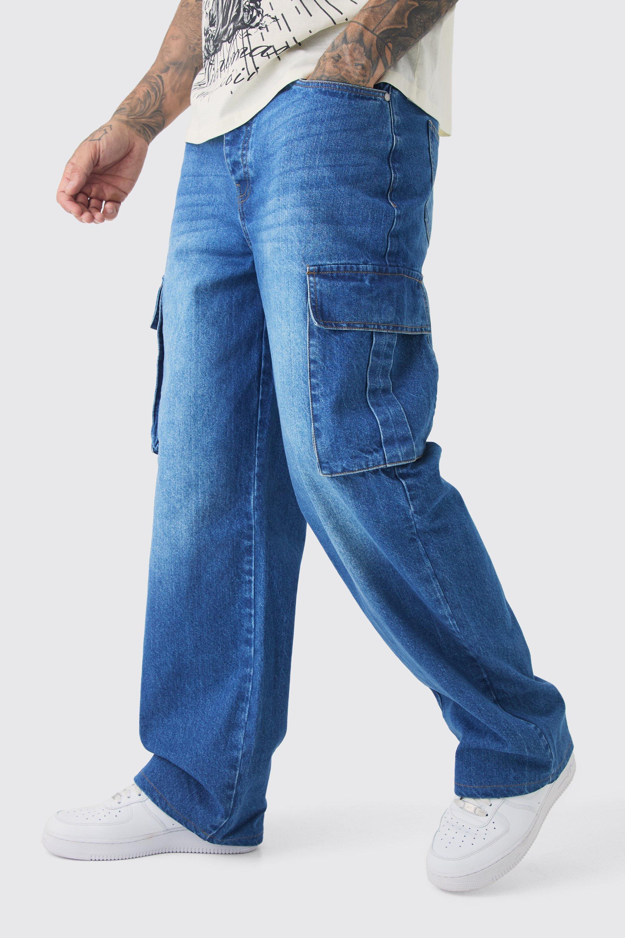 Mens Blue Tall Relaxed Rigid Cargo Jeans, Blue